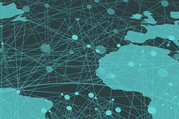 Green and gray image of world with lines, looking over Atlantic Ocean